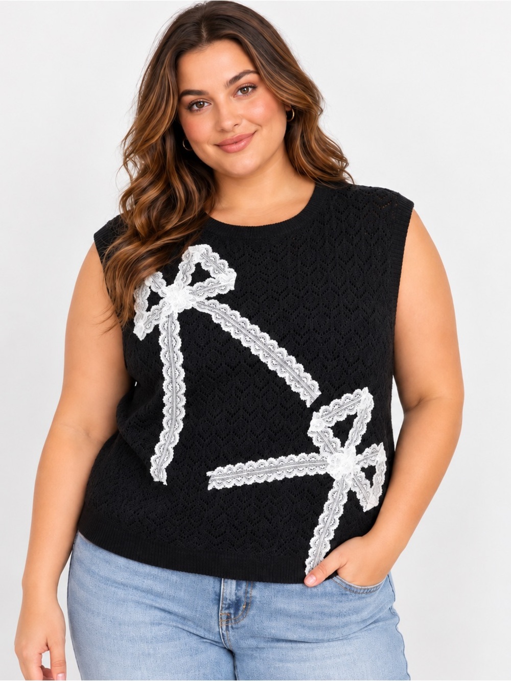 Cider Lace Bow Pointelle Knit Sweater Vest NWT